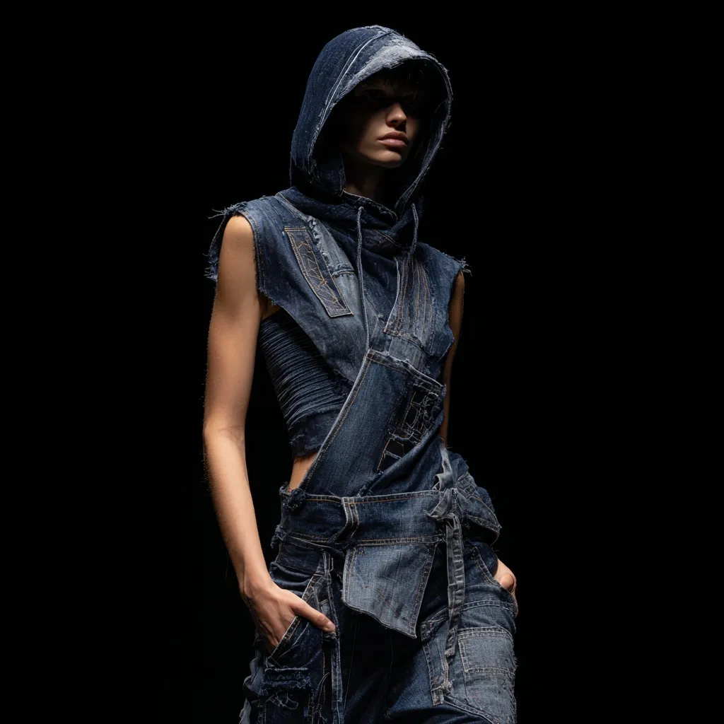 A model in a deconstructed denim hoodie with asymmetric details against a dark dystopian fashion runway background.