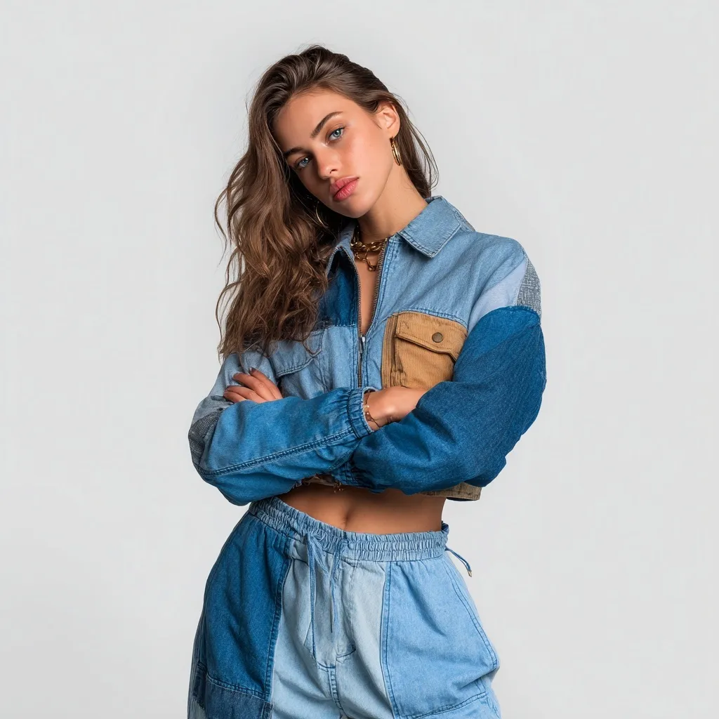 Half-body shot of a stylish woman in a Bershka-inspired hybrid denim outfit against an isolated background.