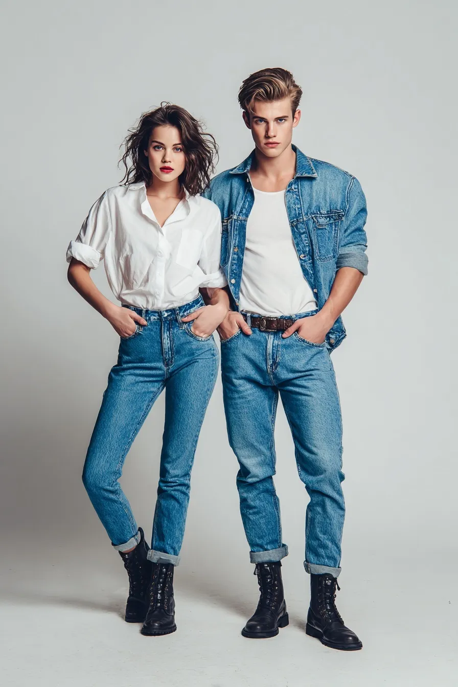 Stylish male and female models posing in fashionable blue denim jeans against a neutral studio background.