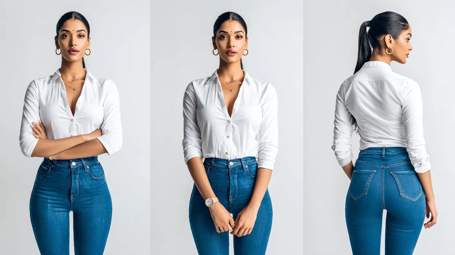 A 25-year-old Indian woman in stylish blue jeans and a white blouse, shown from three angles on a white background.