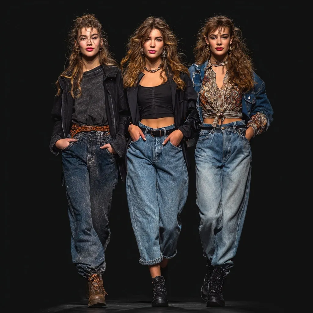 Two young female models wearing stylish denim jeans during a professional fashion show runway event.