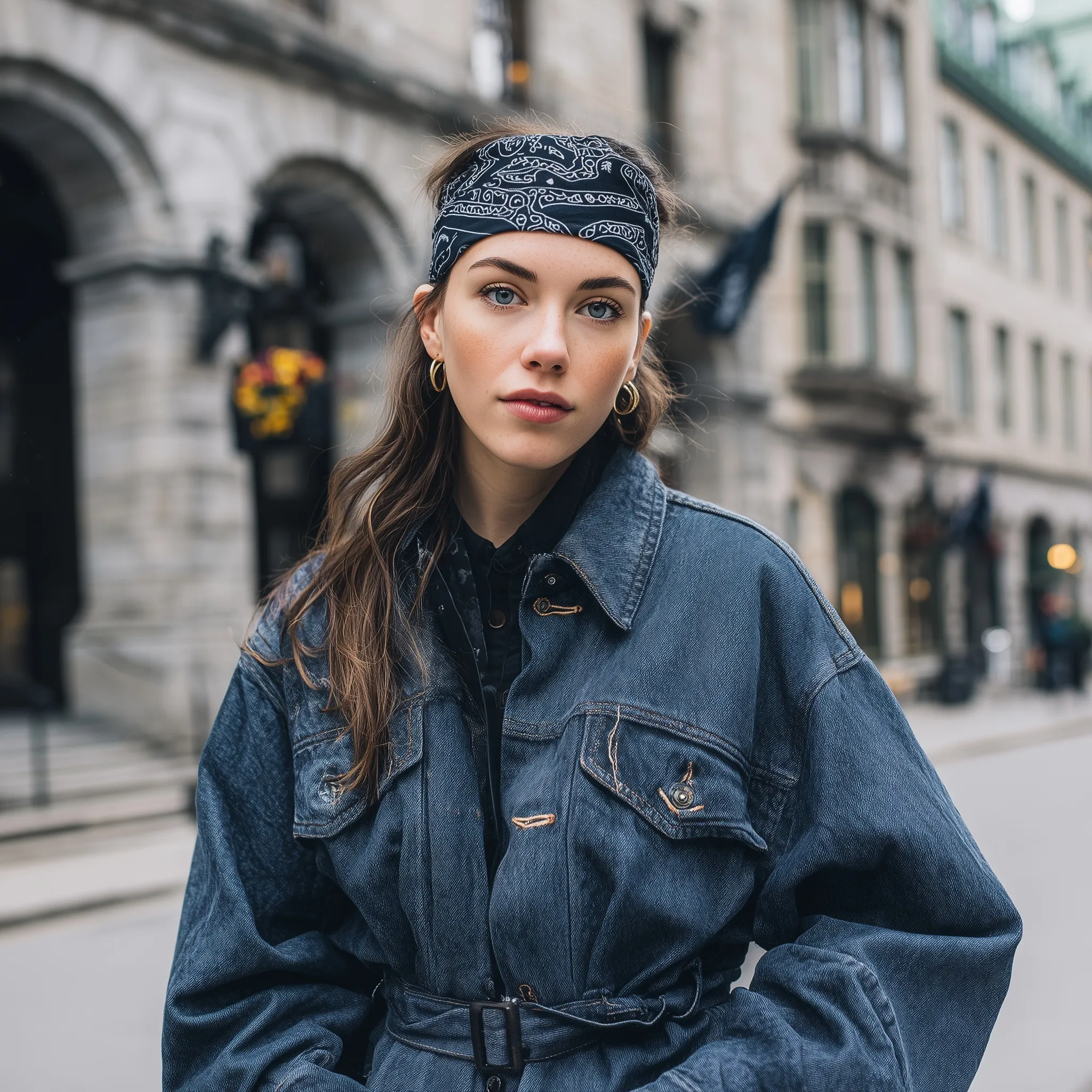 Elegant woman in a dark blue belted denim jacket and bandana headscarf standing on a city street.