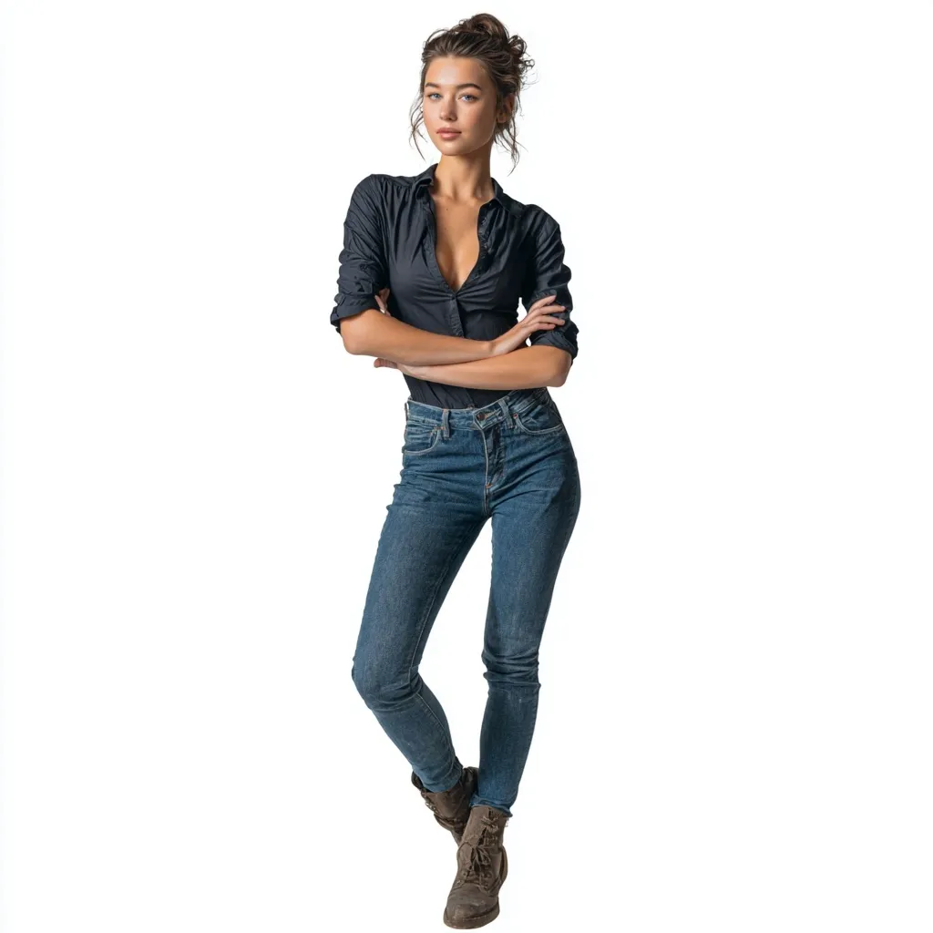 A mid-30s woman with natural skin wearing denim clothing in a realistic, everyday UGC-style full-body shot.