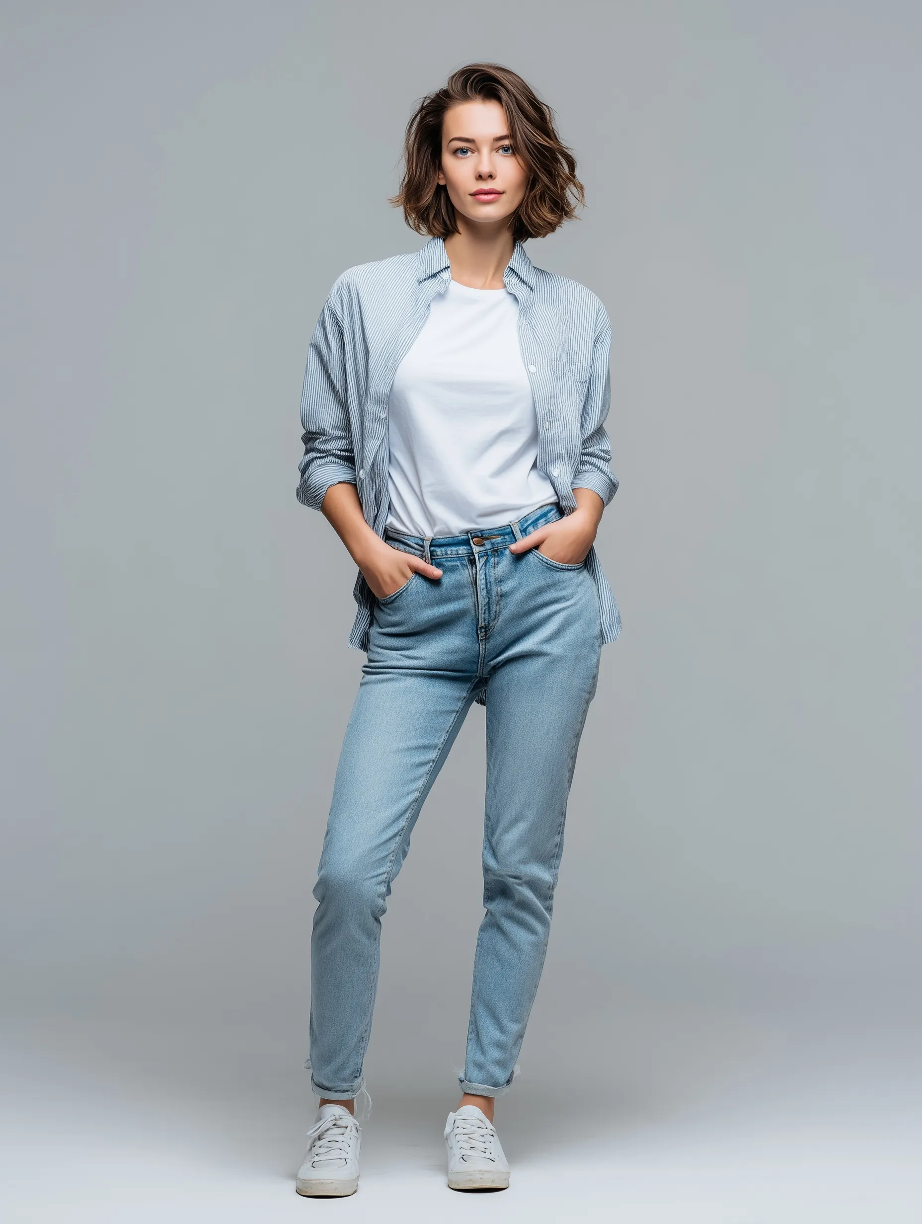A young woman in fitted denim jeans and a casual t-shirt standing confidently against a neutral gray background.