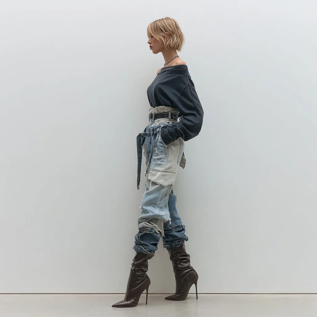 Deconstructed denim jeans featuring avant-garde Vetements and Margiela style patchwork design.