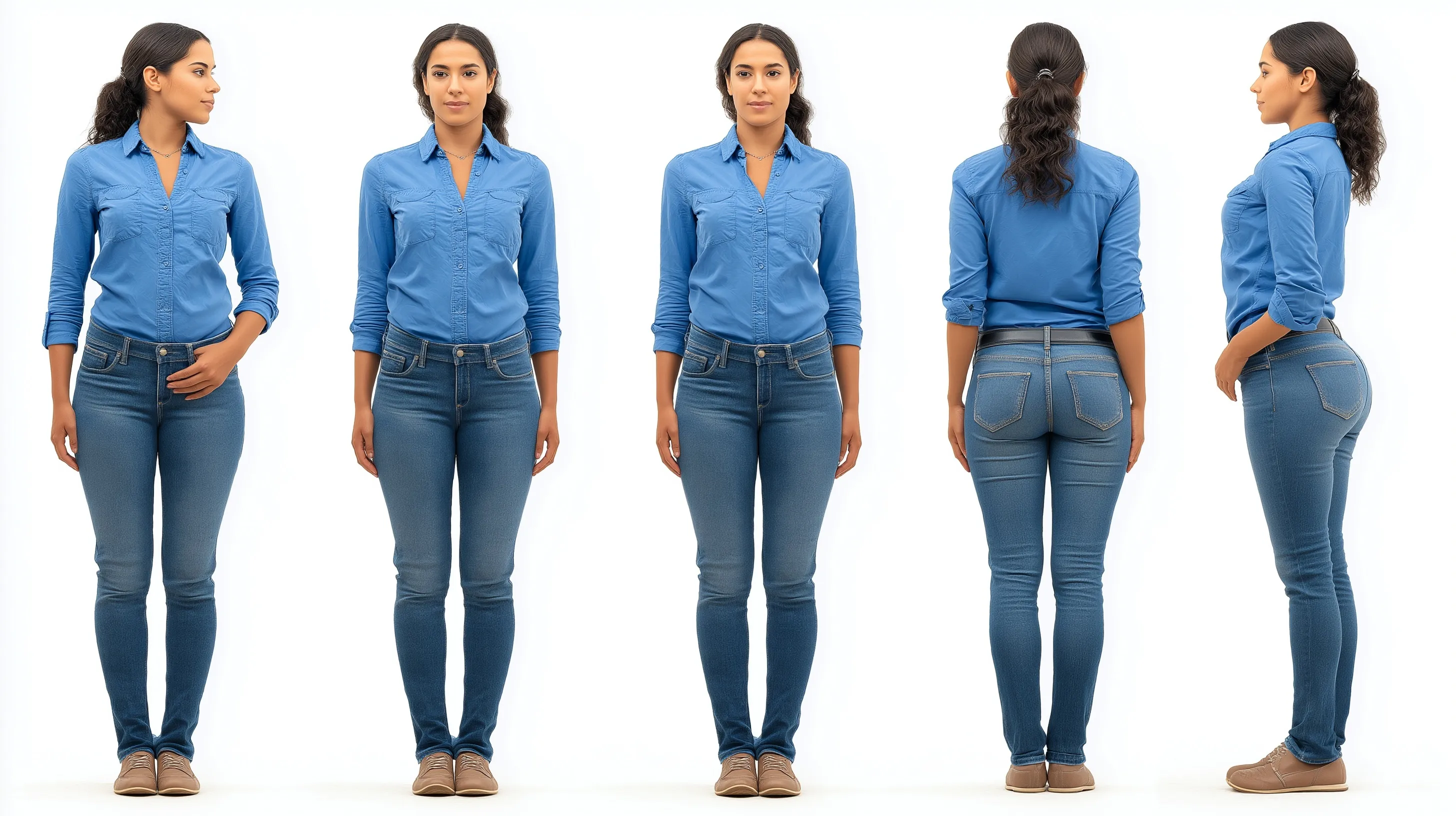 Brazilian model in casual denim clothing, character turnaround sheet with four angles on a white background.