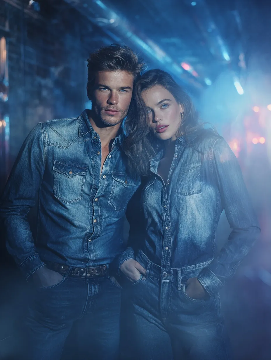 Fashion models in denim jeans and western-casual outfits posing under neon blue lights in an atmospheric nightclub.