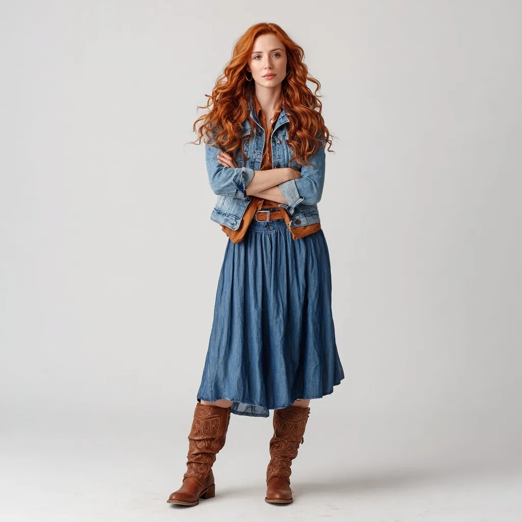 A 30-year-old woman with red hair wearing a stylish denim jacket and midi skirt with brown calf-high boots.