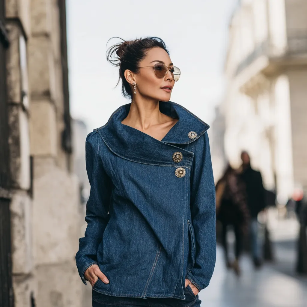 Elegant woman wearing a thick denim jacket with an asymmetrical neckline, standing on a city street.