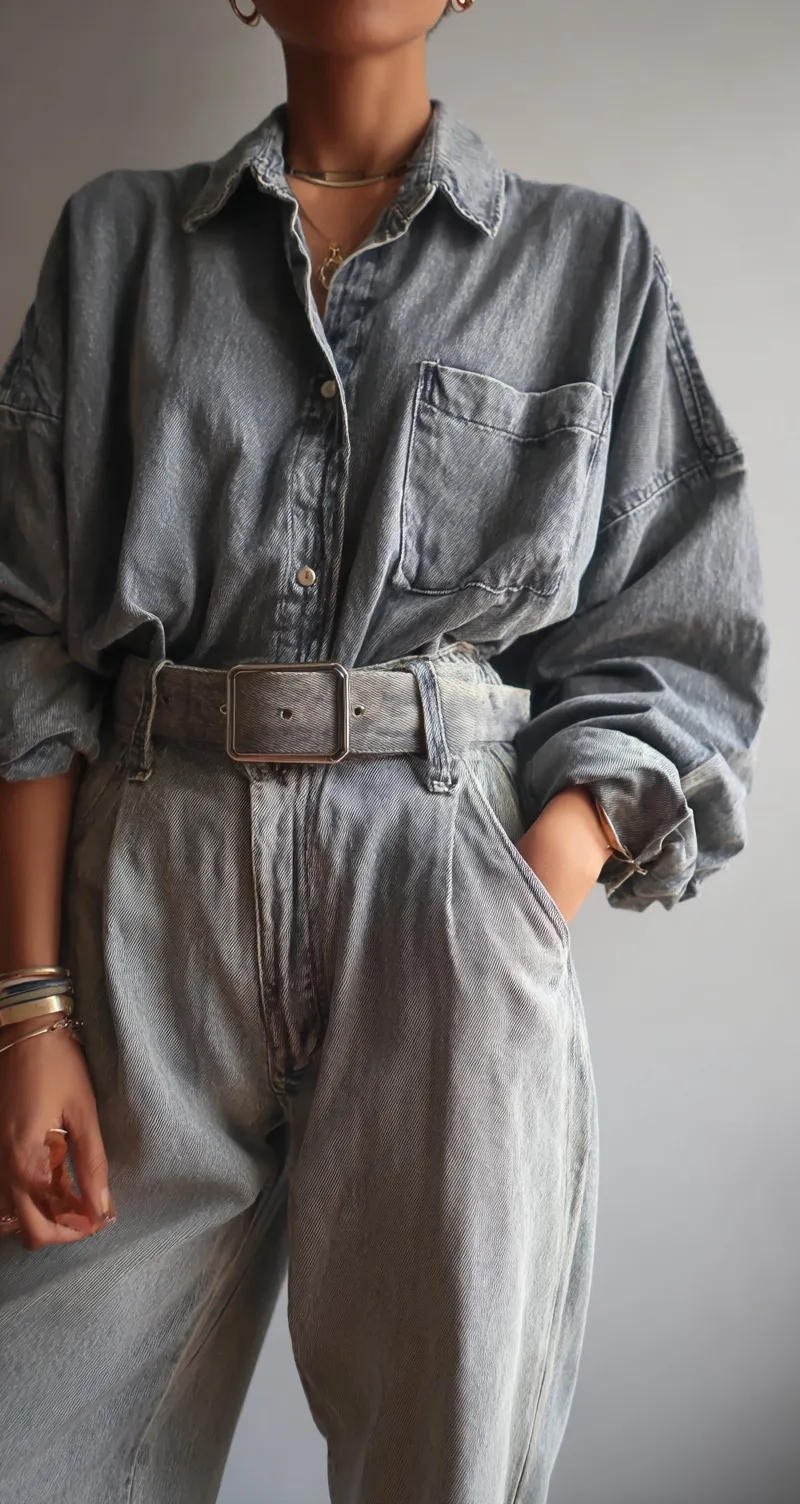 Oversized grey washed denim shirt paired with wide-leg jeans and a stylish belt in a trendy streetwear aesthetic.