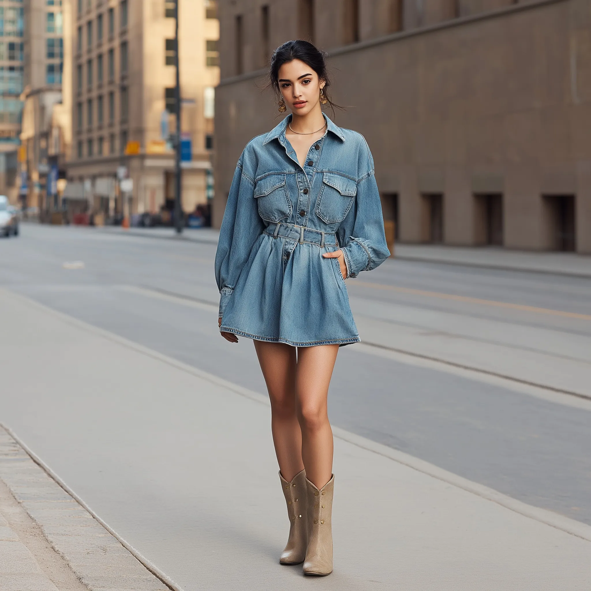 Elegant woman in a light-wash denim shirt and high-waisted A-line skirt posing on a city street.