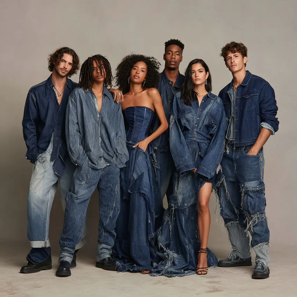 Diverse fashion models wearing raw dark denim streetwear with frayed edges in a studio editorial photoshoot.