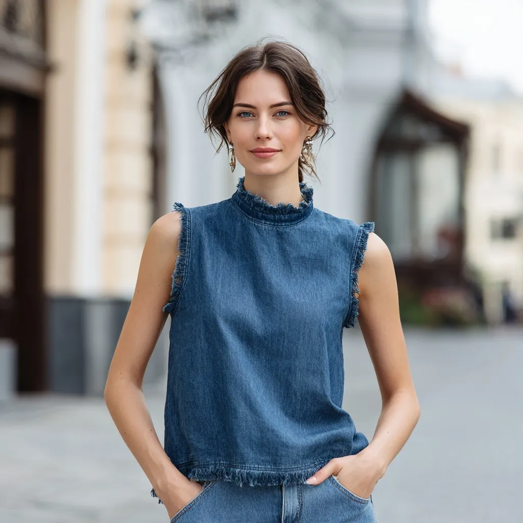 A 32-year-old woman wearing a stylish sleeveless denim top with a high collar and frayed edges on a city street.