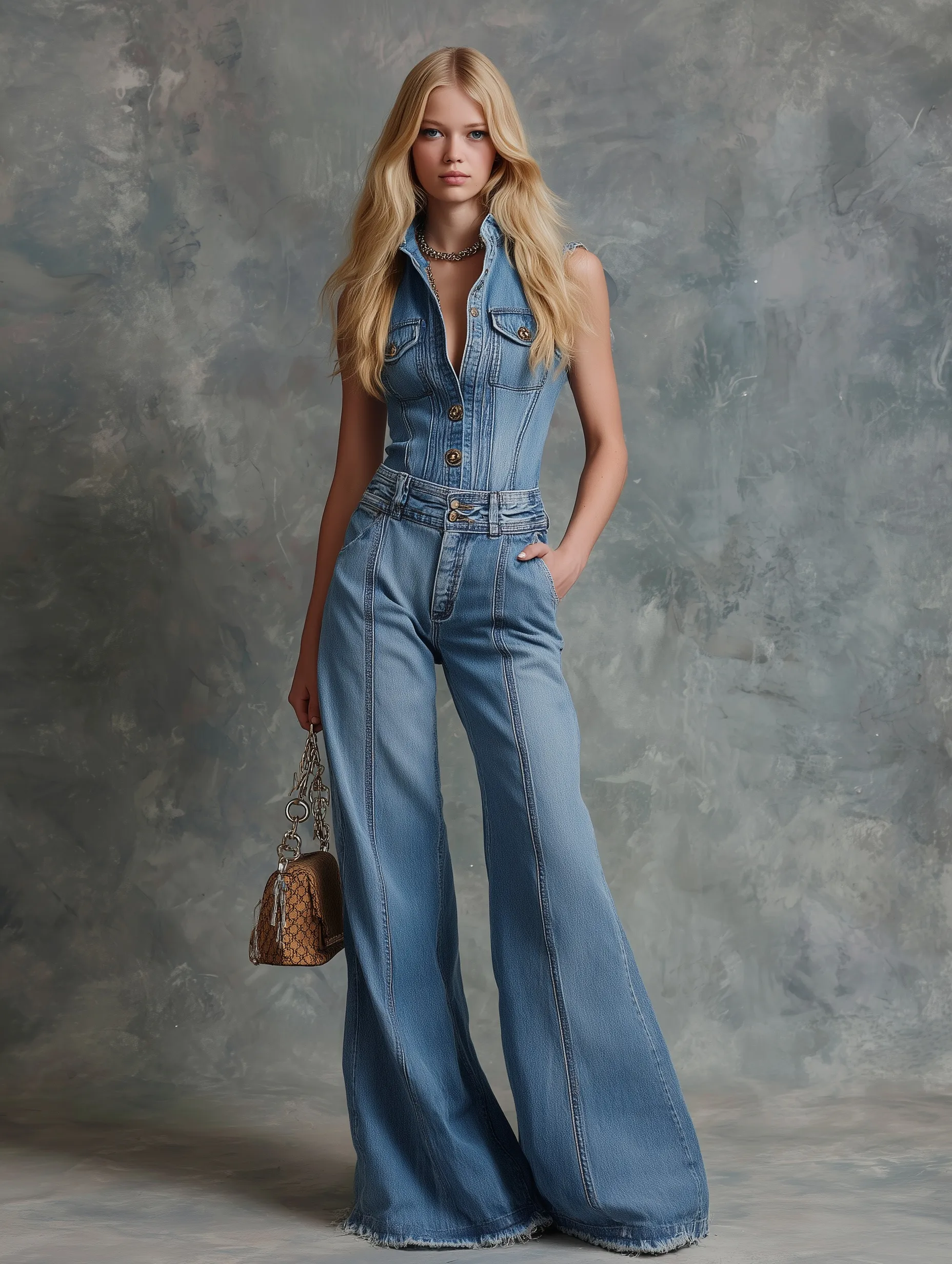 A stylish blonde supermodel walks a runway wearing a sleeveless denim suit with frayed wide-leg flared trousers.