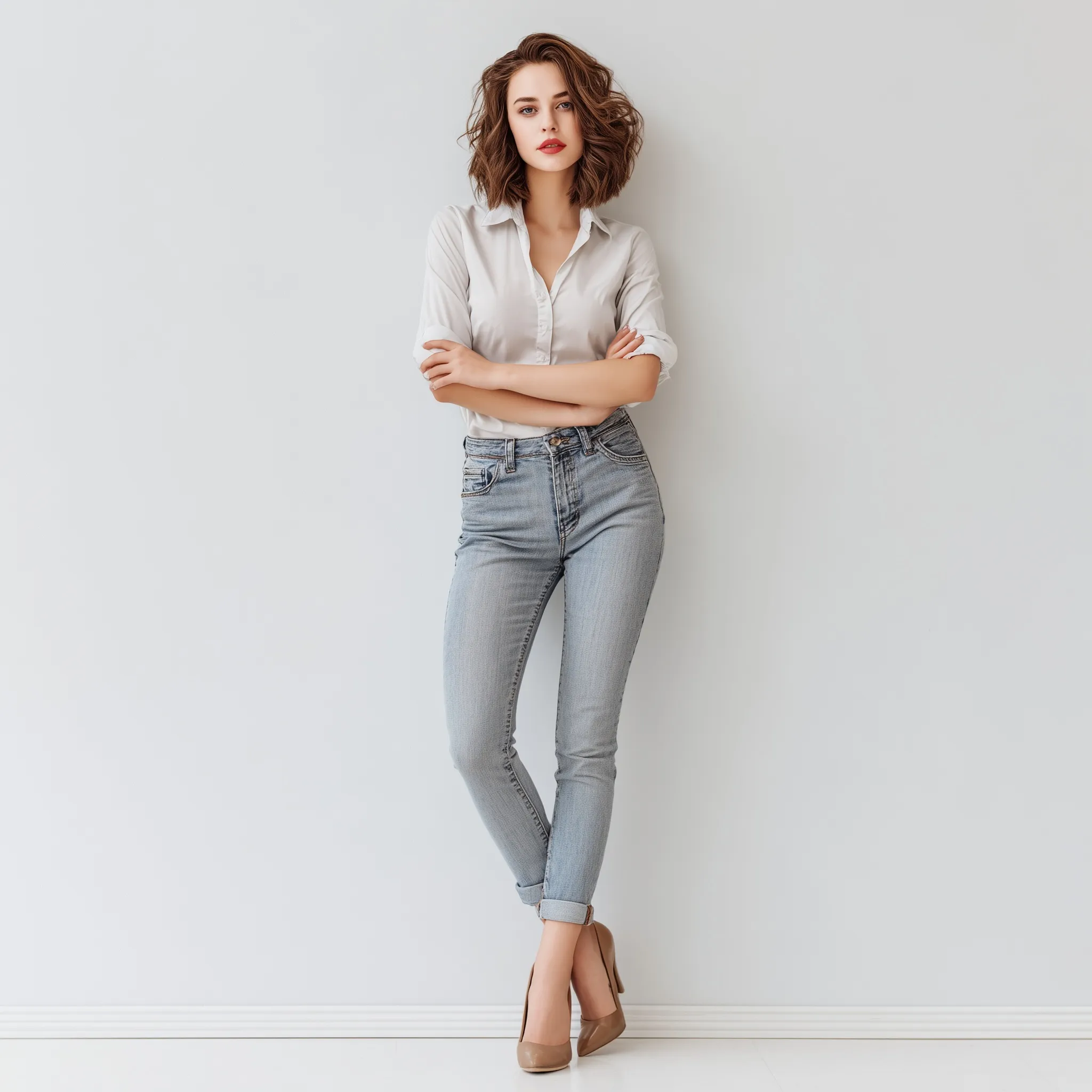 A beautiful 30-year-old woman wearing stylish denim clothing, posing against a clean white studio background.