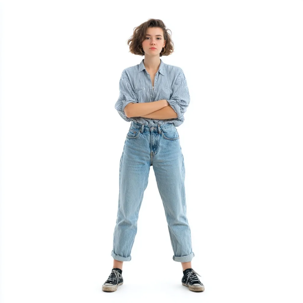 Full-body shot of a young girl wearing denim clothing standing against a white background, natural lighting.