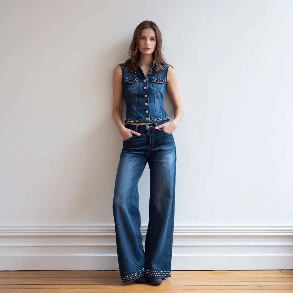 European female model in a denim vest and wide-leg jeans with studded details against a minimalist studio backdrop.