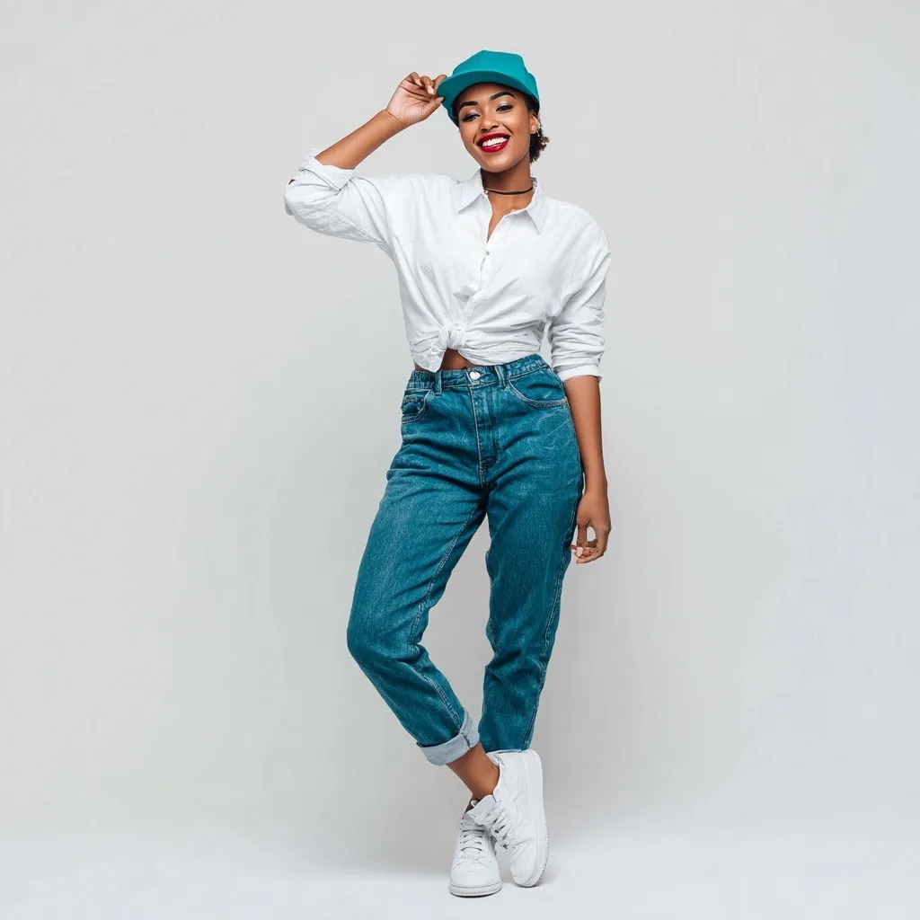 A young African woman wearing a stylish denim outfit, white shirt, and teal cap posing against a white background.
