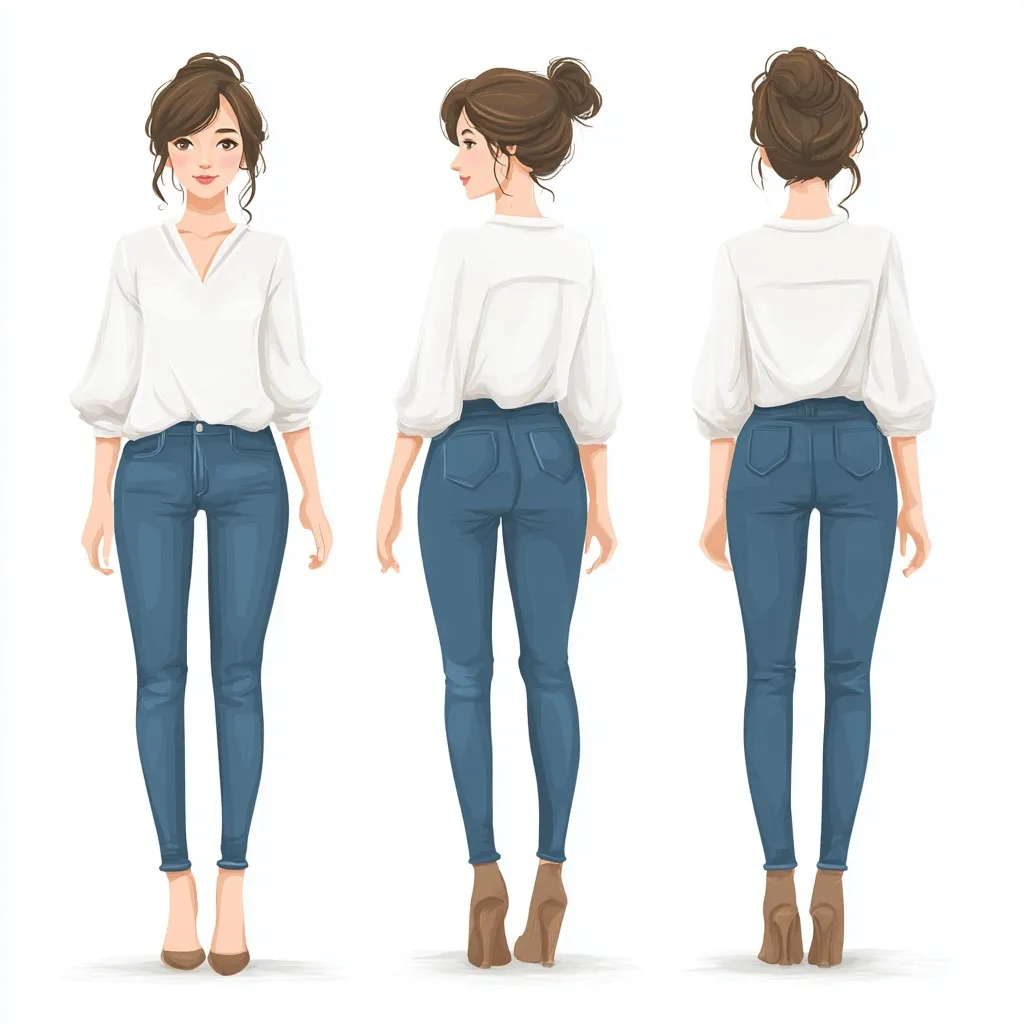 A simple female human body diagram wearing a casual blouse and denim jeans, isolated on a white background.