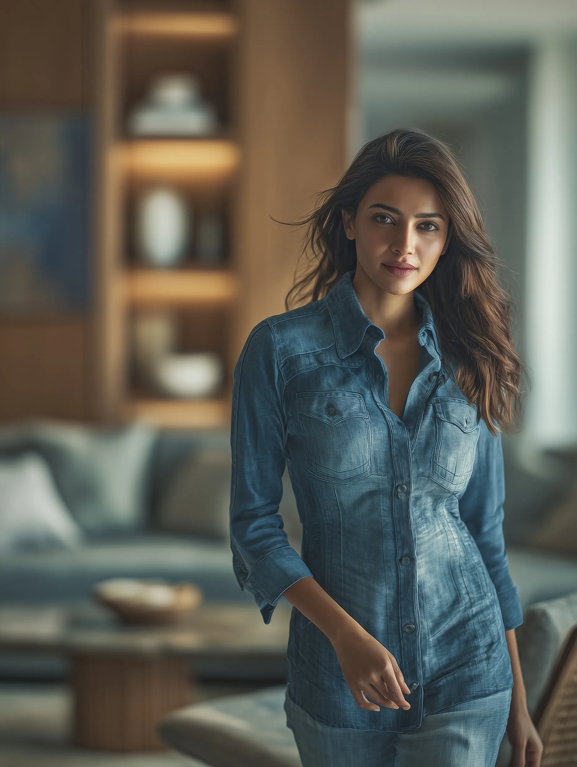 A confident Indian woman in a modern denim outfit posing in a luxury, sunlit living room with elegant decor.
