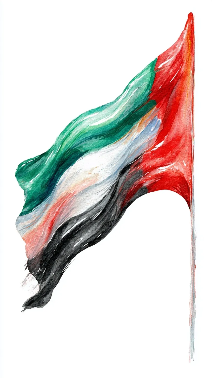 Artistic watercolor illustration of a waving United Arab Emirates flag mobile wallpaper on a white background.