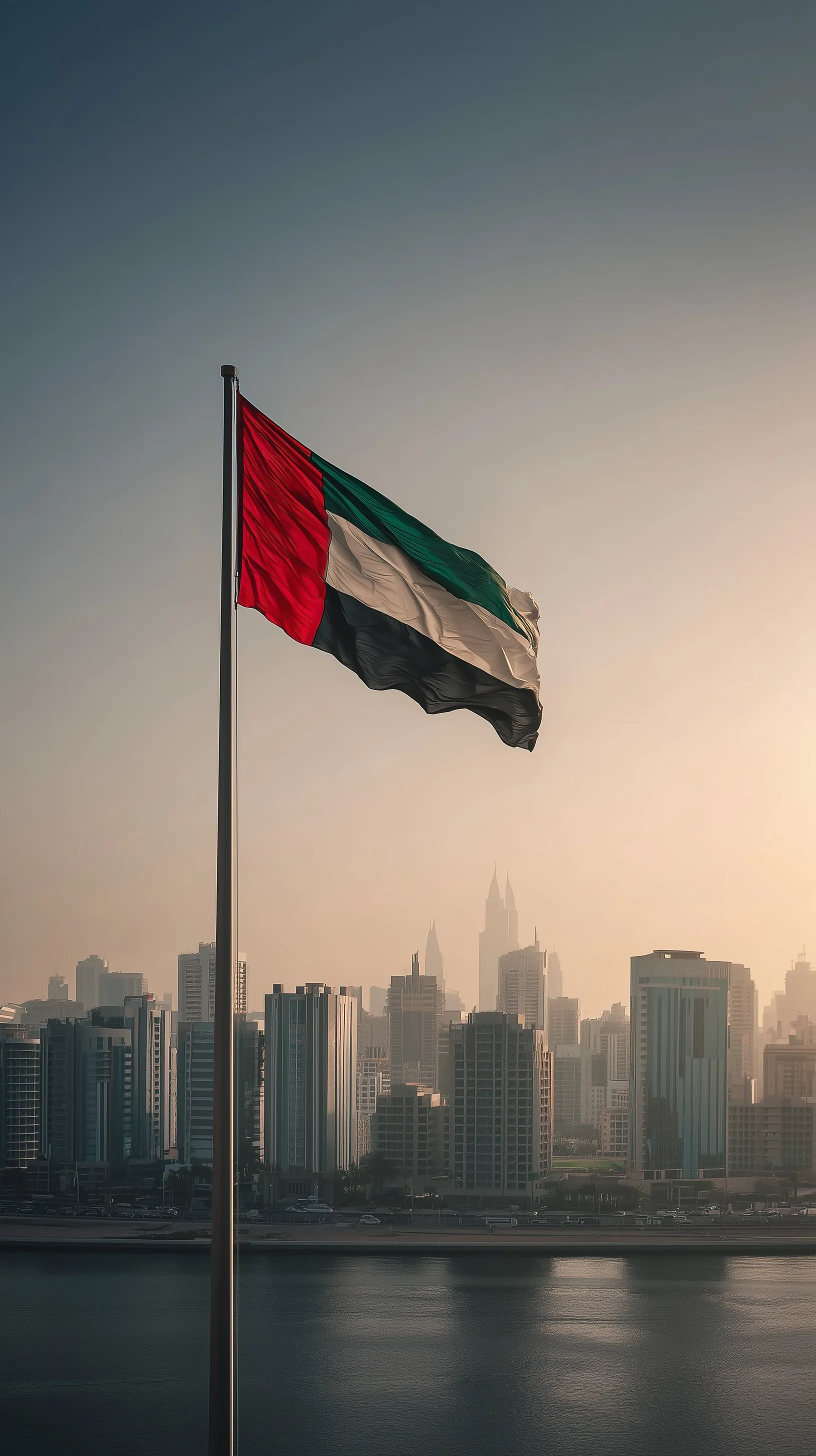 A high-quality 4K mobile wallpaper featuring a waving UAE flag ribbon on a pole against a clear sky.