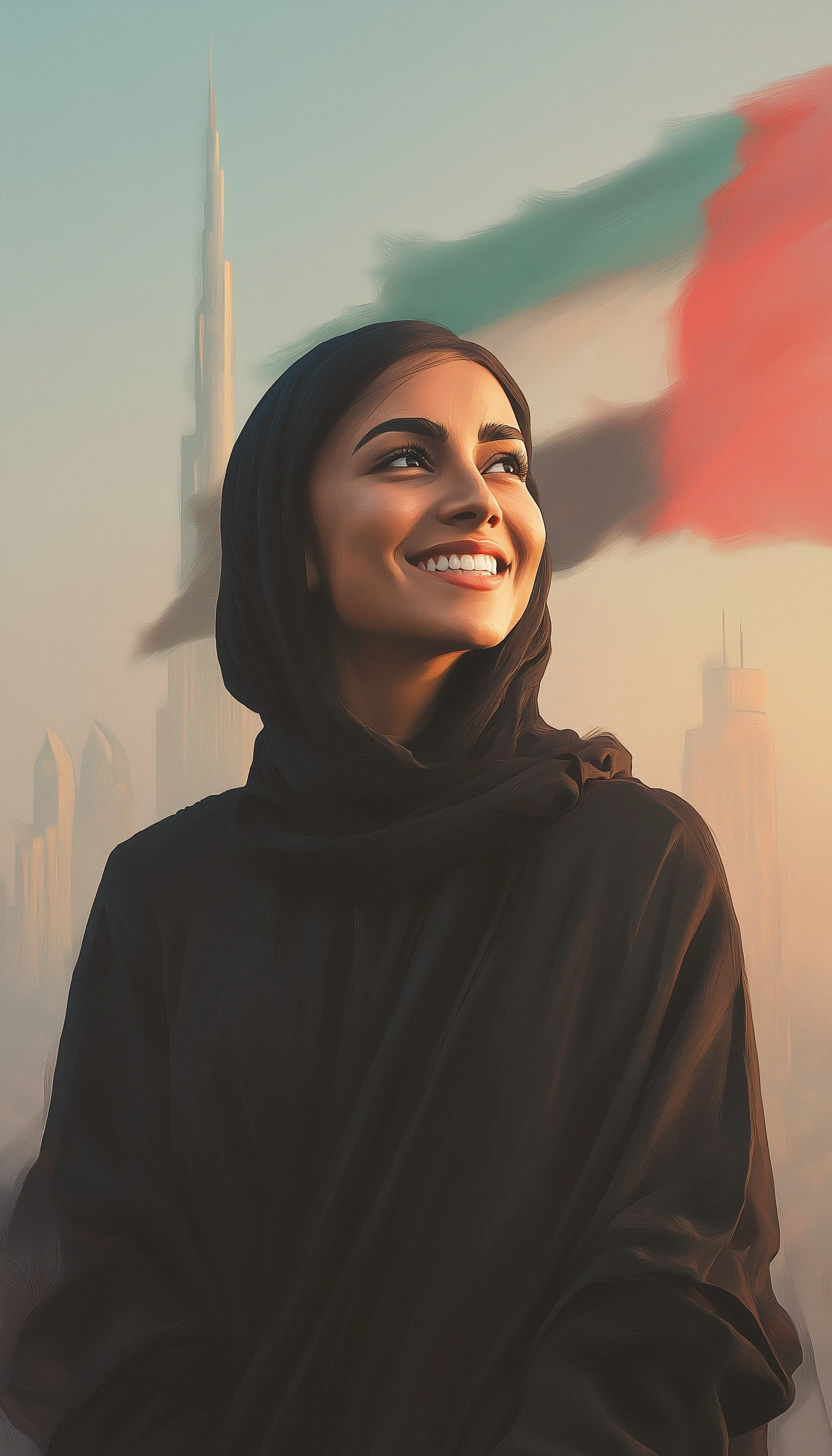 Emirati woman in abaya smiling with the UAE flag and Burj Khalifa in the background, a symbol of national pride.