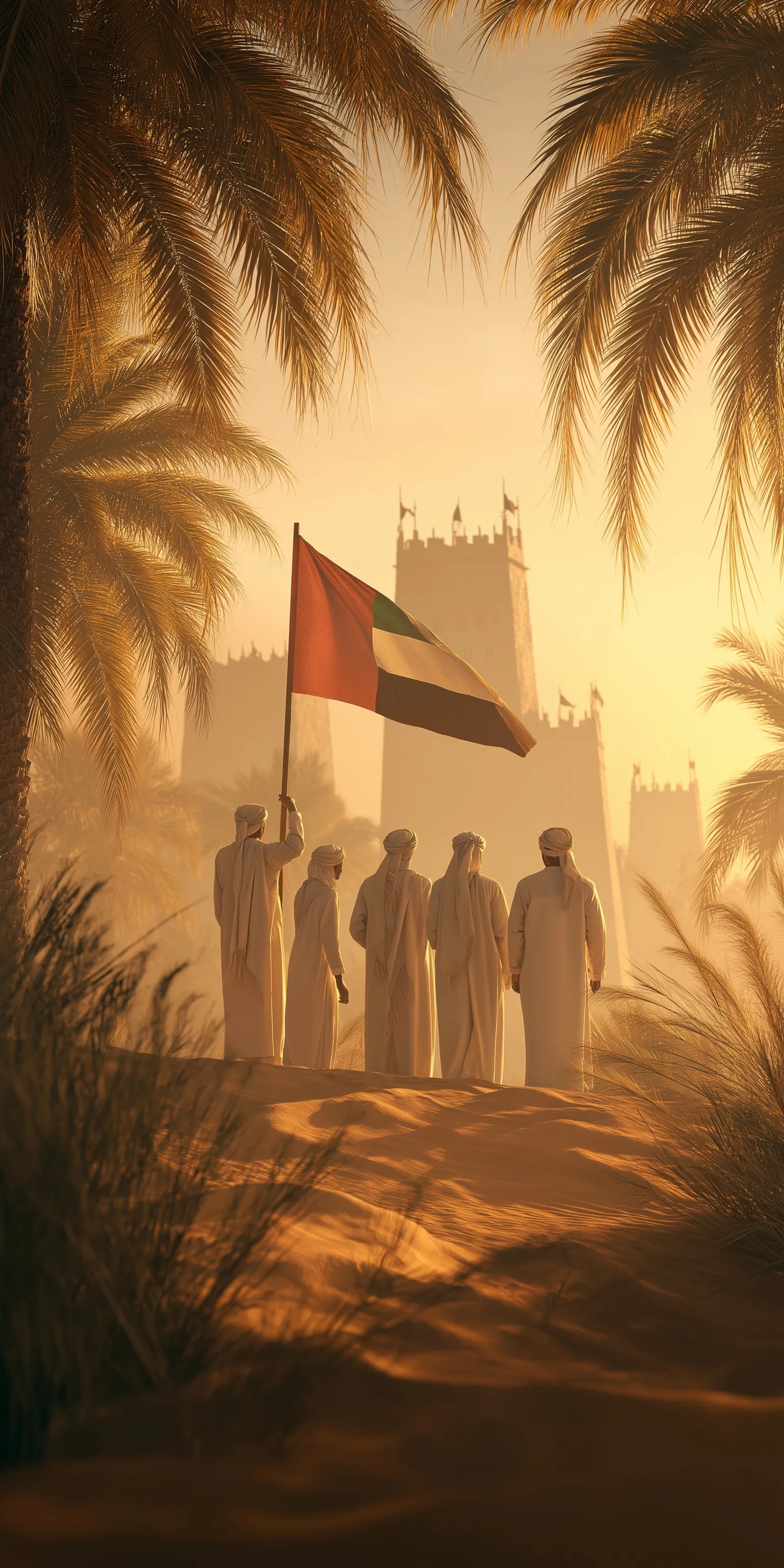 Emirati men in traditional kanduras holding a UAE flag in front of a historic desert fort at sunset.
