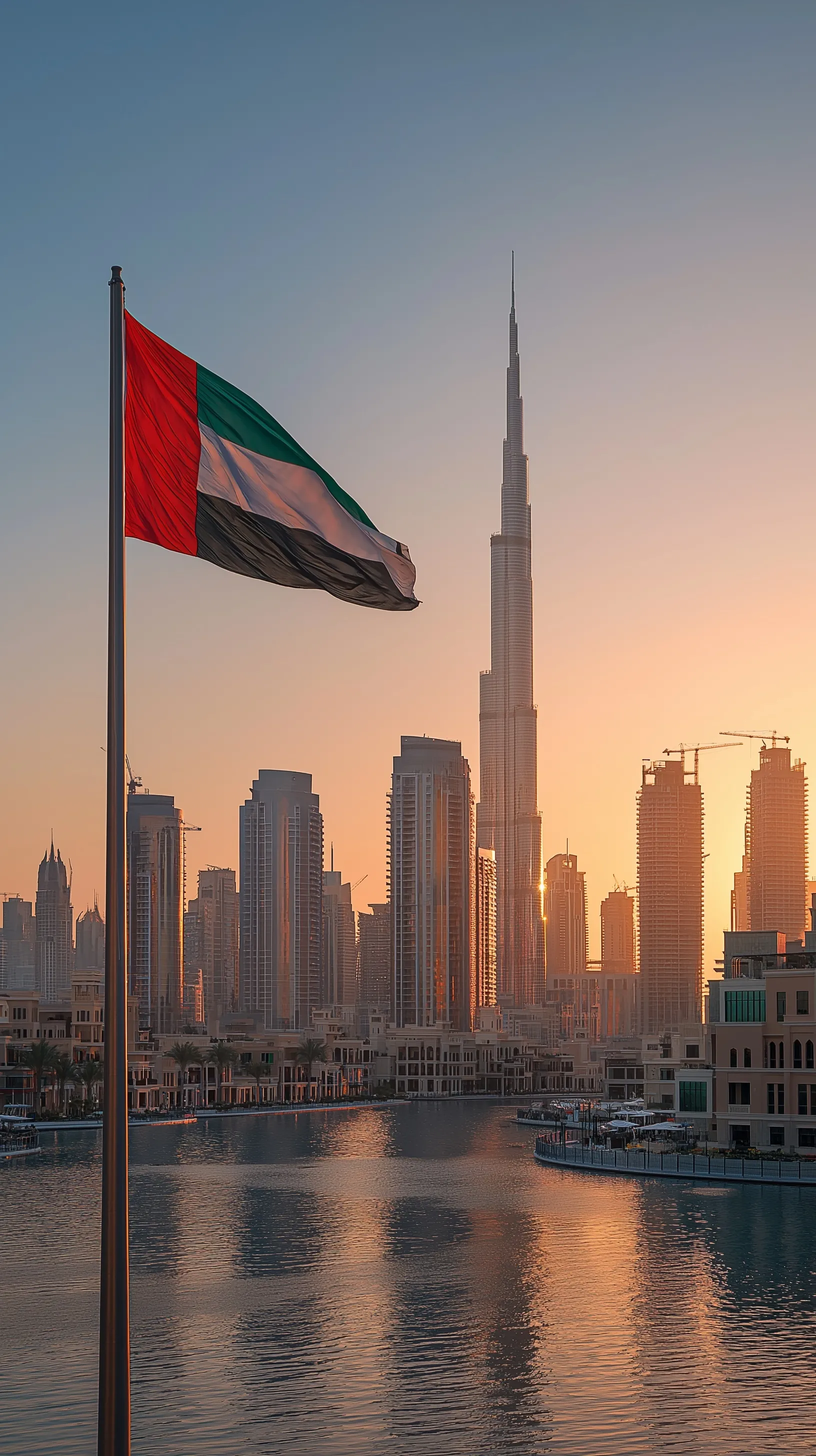 UAE flag waving on a pole against the iconic Dubai skyline, 4K realistic mobile wallpaper.