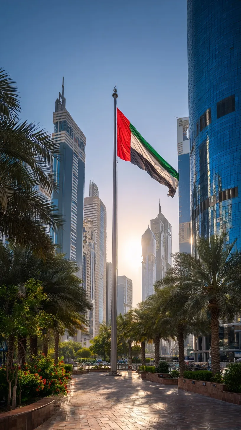 UAE national flag waving against a Dubai city skyline with modern skyscrapers in bright daylight.