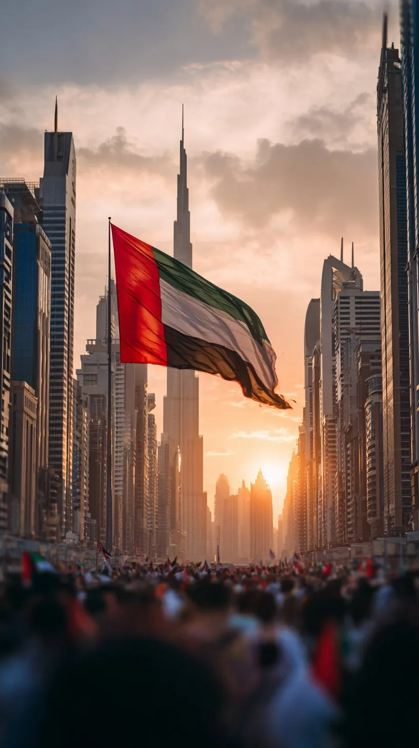 UAE flag flying high above Dubai with crowds looking up from a low-angle perspective.