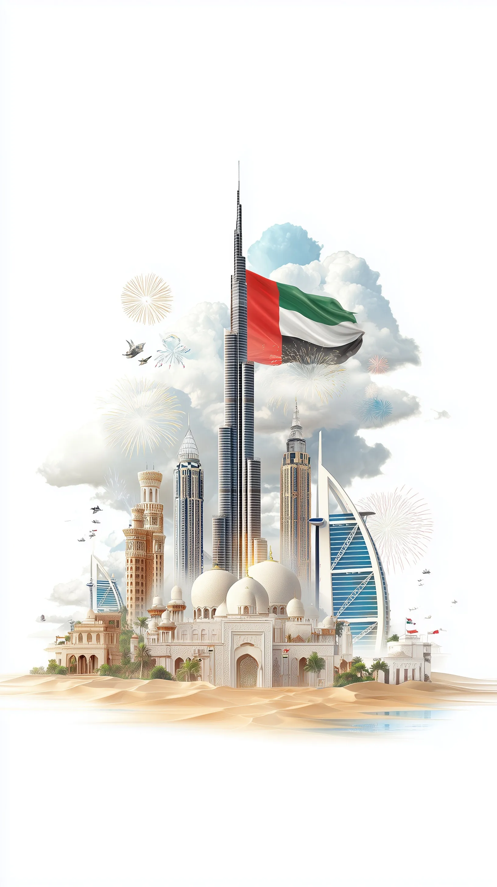 Dubai and UAE landmarks with a waving national flag, fireworks, and desert scenery for a mobile wallpaper.