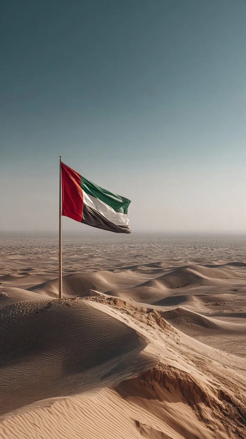 Kuwaiti flag waving over a scenic desert landscape with golden sand dunes under a clear blue sky.