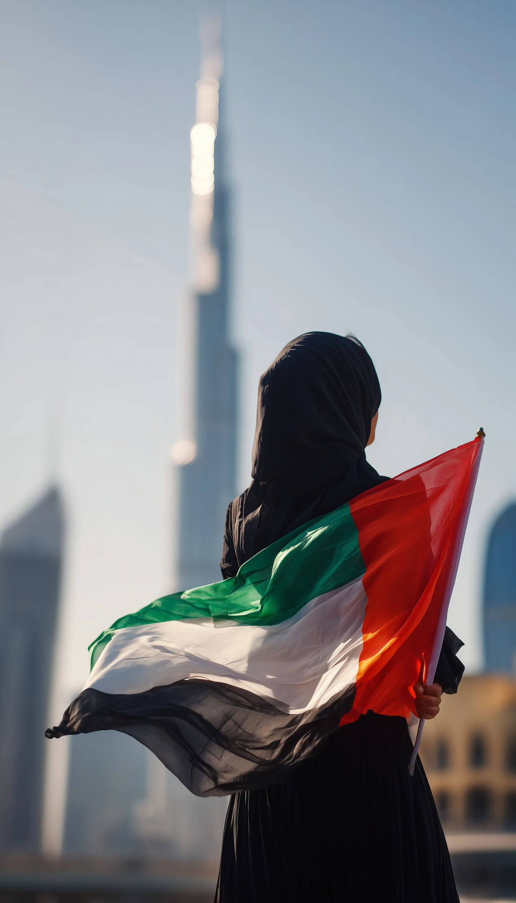 An Emirati woman in a hijab holding a UAE flag in front of the Burj Khalifa under a clear blue sky.