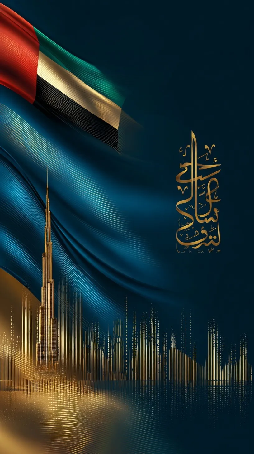 UAE flag waving with gold accents and glowing Dubai skyline on a luxury gradient mobile wallpaper background.
