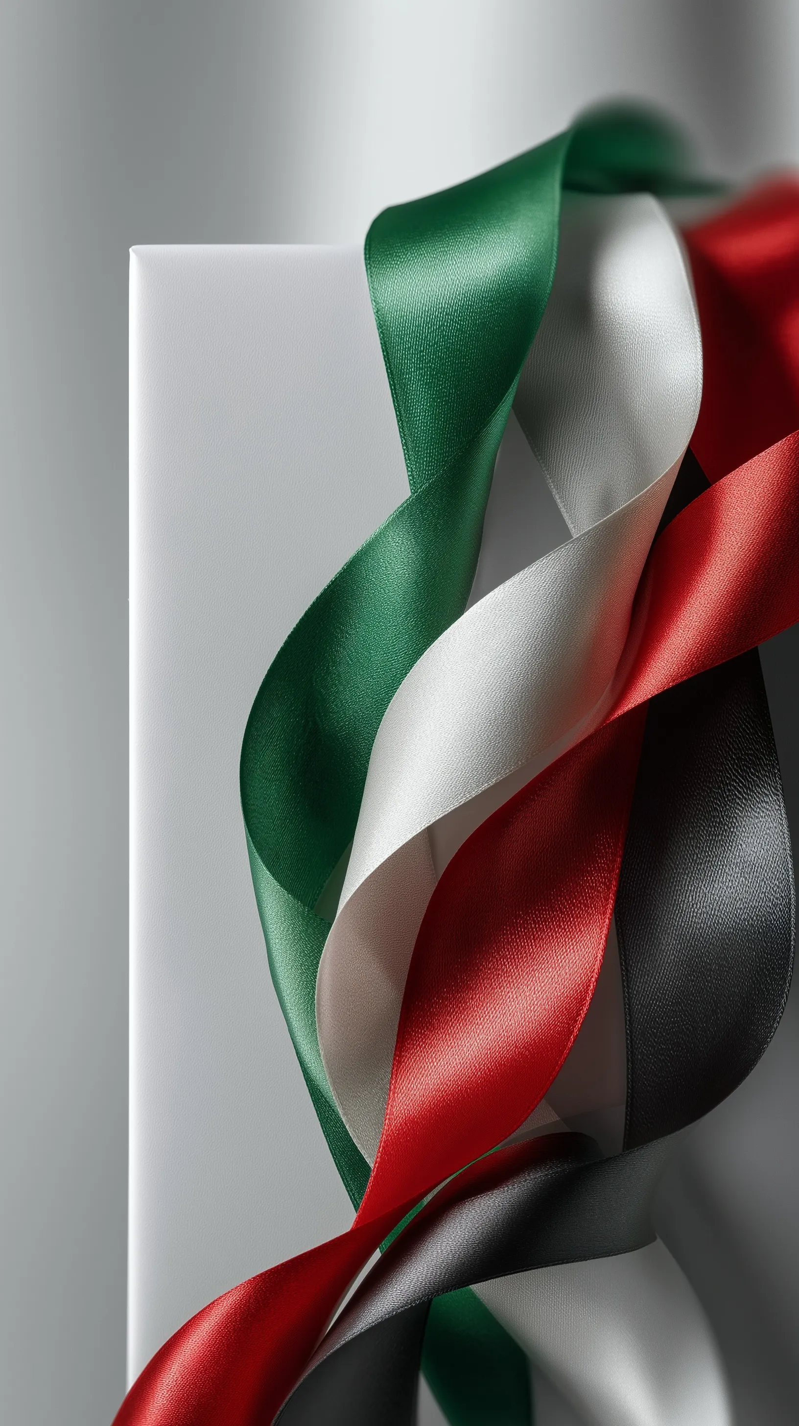 Luxury satin ribbons in UAE flag colors flowing from a white gift box against a minimal background.