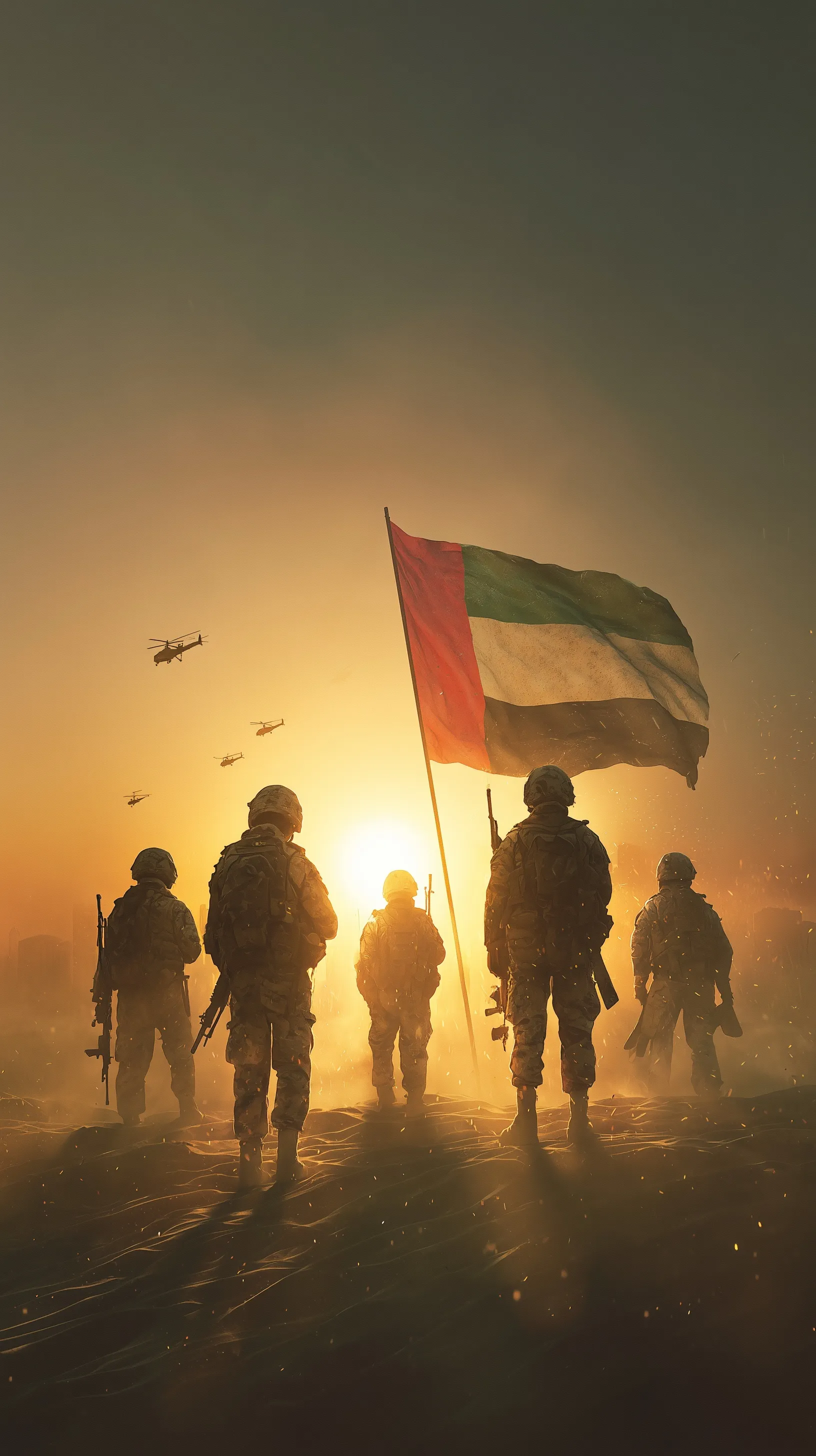 UAE soldiers standing proudly with a waving national flag against a golden sunset for Commemoration Day.