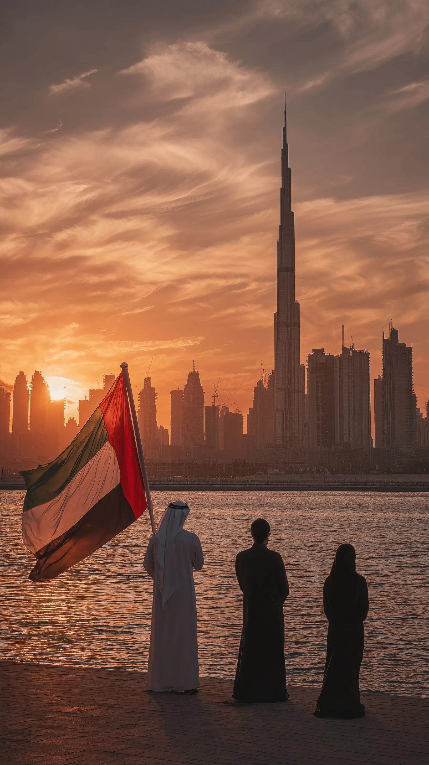 UAE flag waving against the sunset Dubai skyline with Burj Khalifa and people in traditional attire.