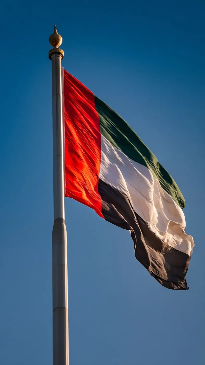 A high-quality close-up of the UAE flag waving on a pole, perfect for 4K mobile wallpaper.