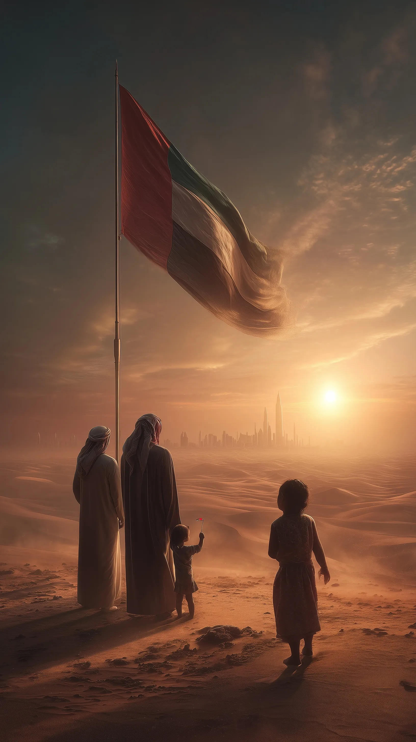 UAE flag waving over desert dunes with Emirati people in traditional attire at sunrise, cinematic mobile wallpaper.