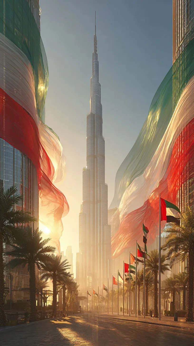 Burj Khalifa draped in flowing UAE flag-colored silk fabrics under golden morning light in Dubai.