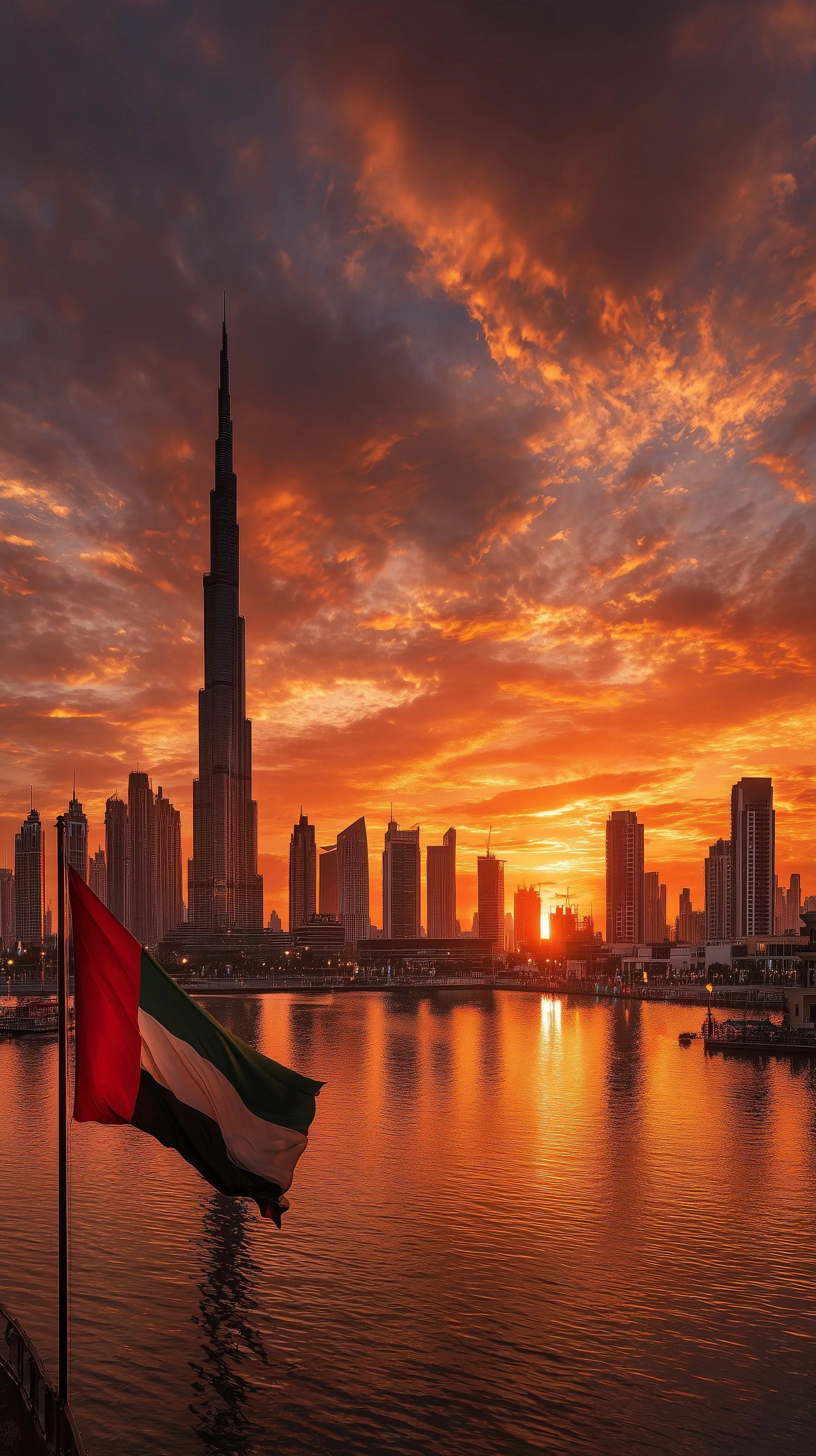 United Arab Emirates flag waving before the Dubai skyline and Burj Khalifa at sunset golden hour.