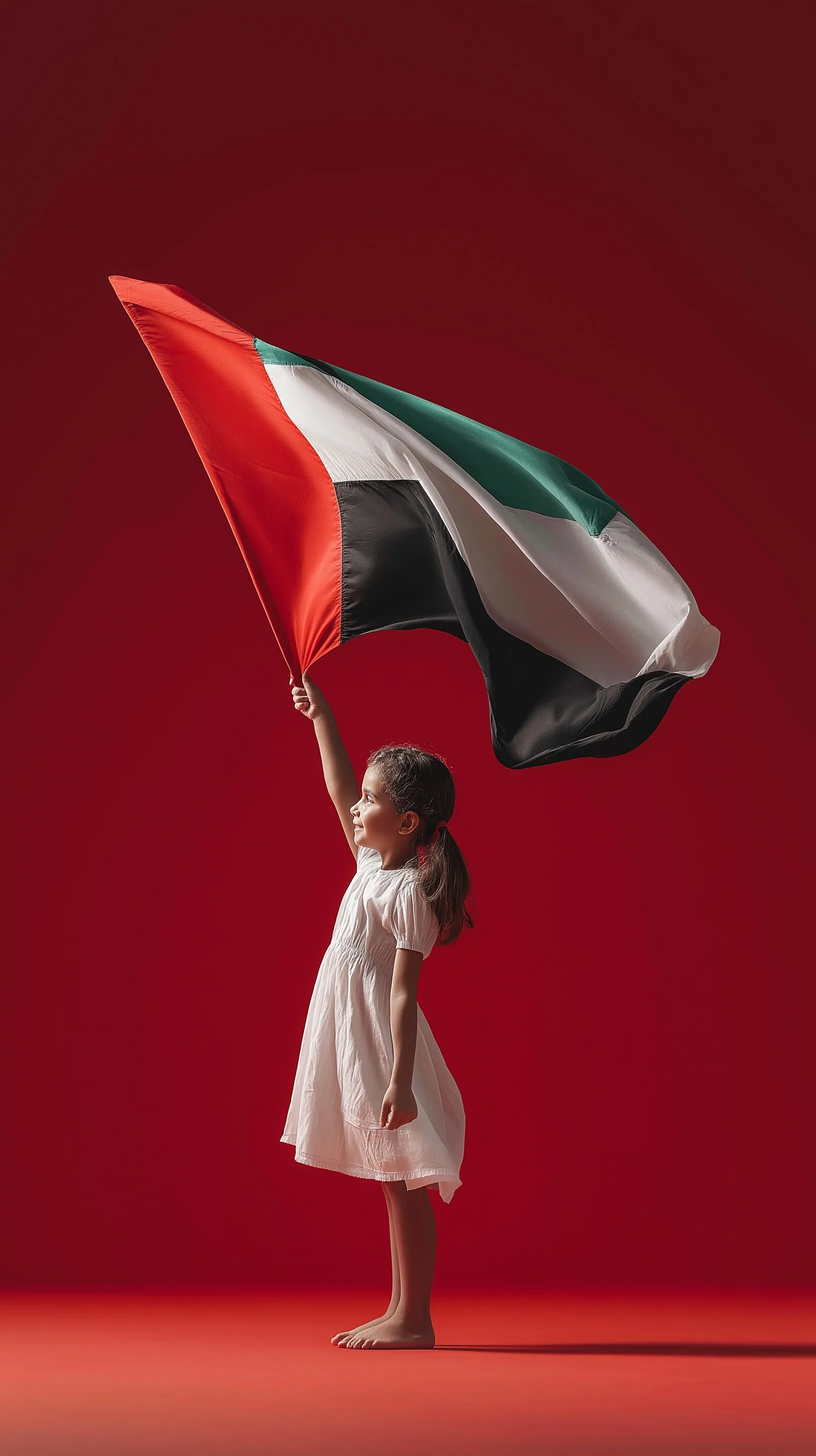 A trendy child in a white dress happily waving a large UAE flag against a bold red background.