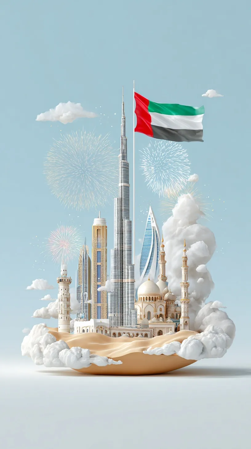 Dubai and UAE landmarks with waving national flag and fireworks, modern festive 8K mobile wallpaper.