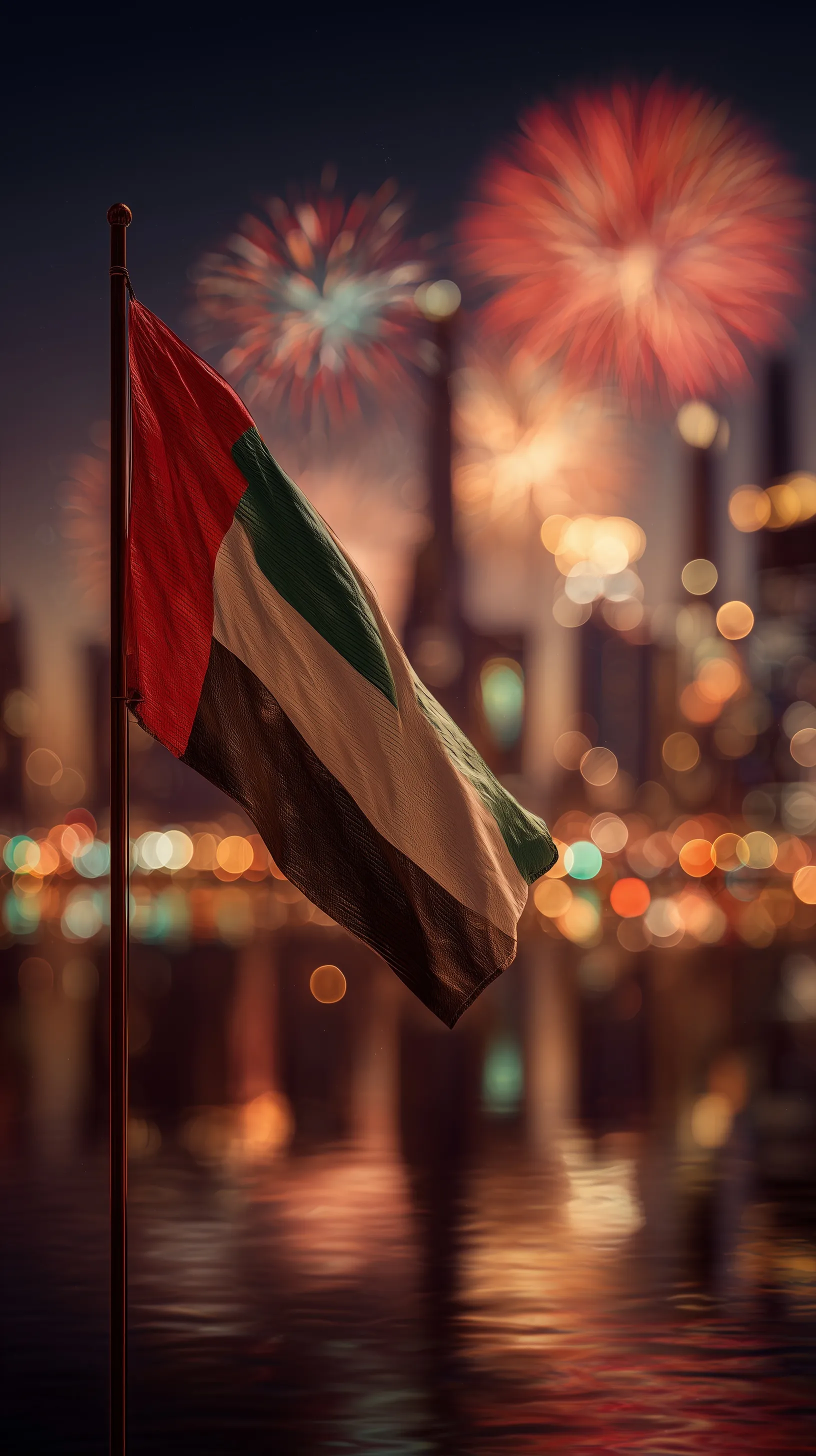 UAE flag waving against a blurred Abu Dhabi city skyline with night fireworks and cinematic water reflections.