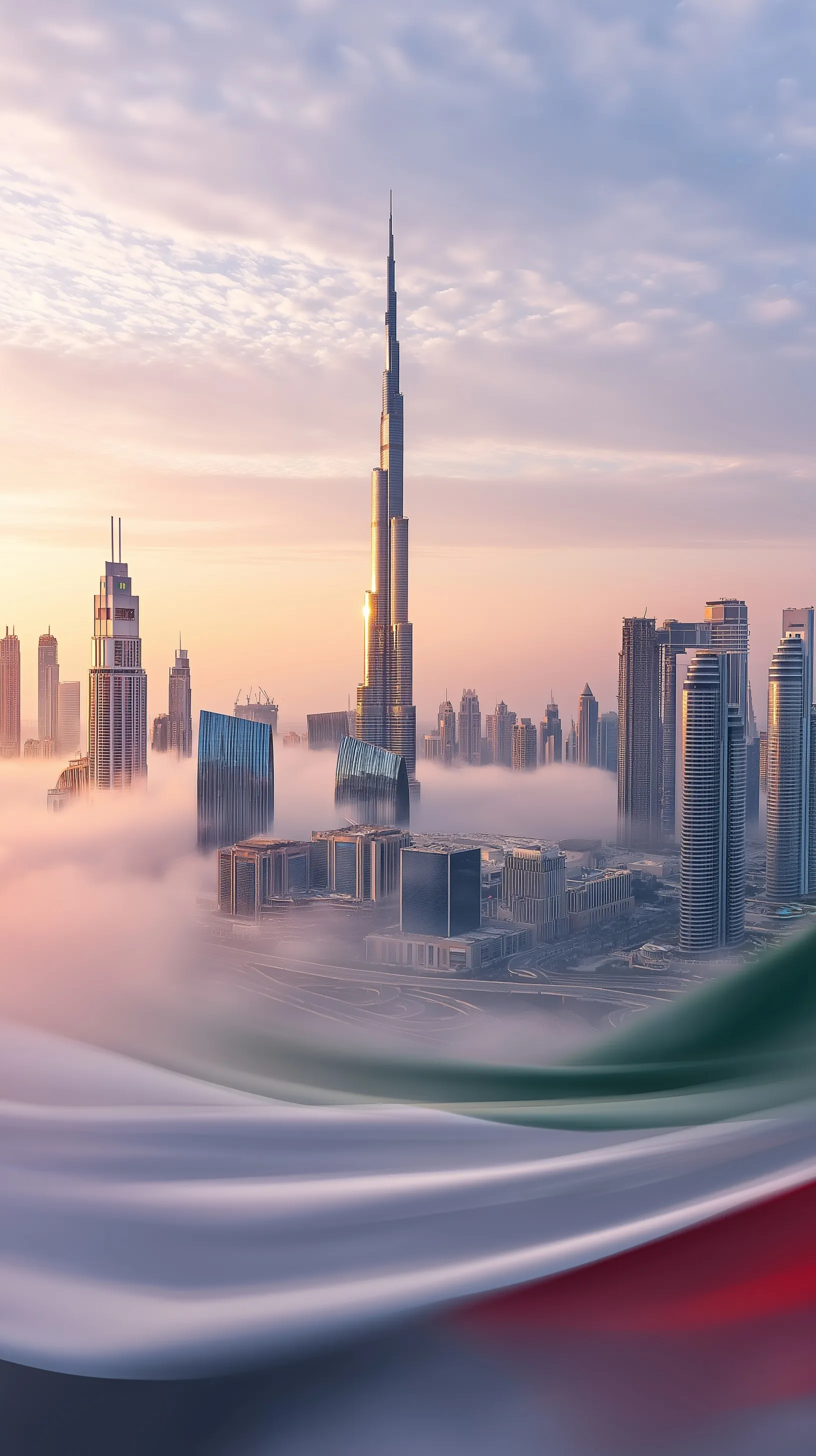 Futuristic Dubai skyline with Burj Khalifa and a waving UAE flag at sunset, high-quality mobile wallpaper.