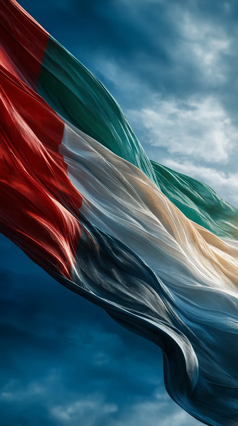 A hyper-realistic cinematic shot of the UAE flag waving in the wind against a deep blue sky for mobile wallpaper.