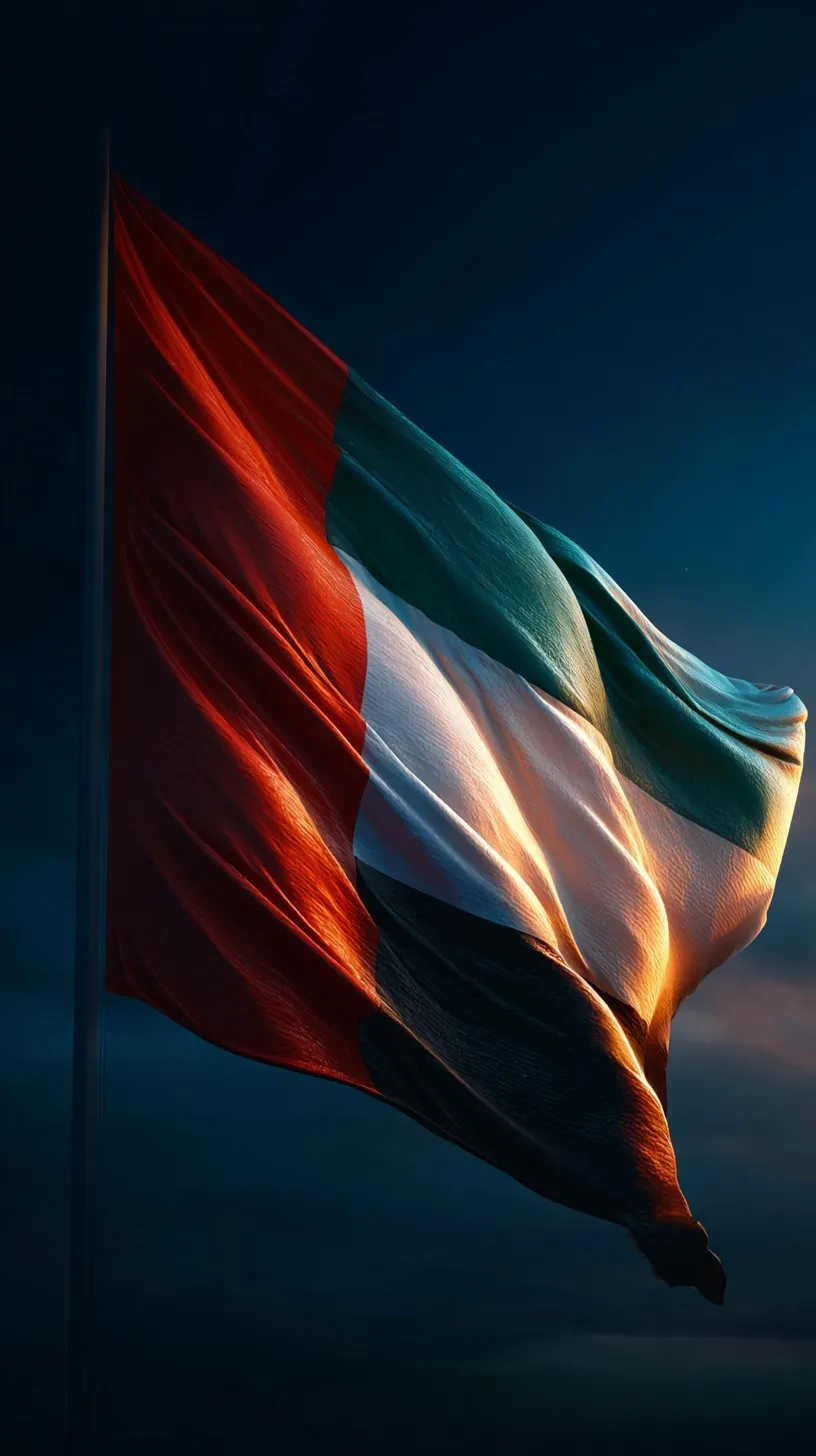 UAE flag waving gently against a dark twilight sky, cinematic low-key mobile wallpaper.