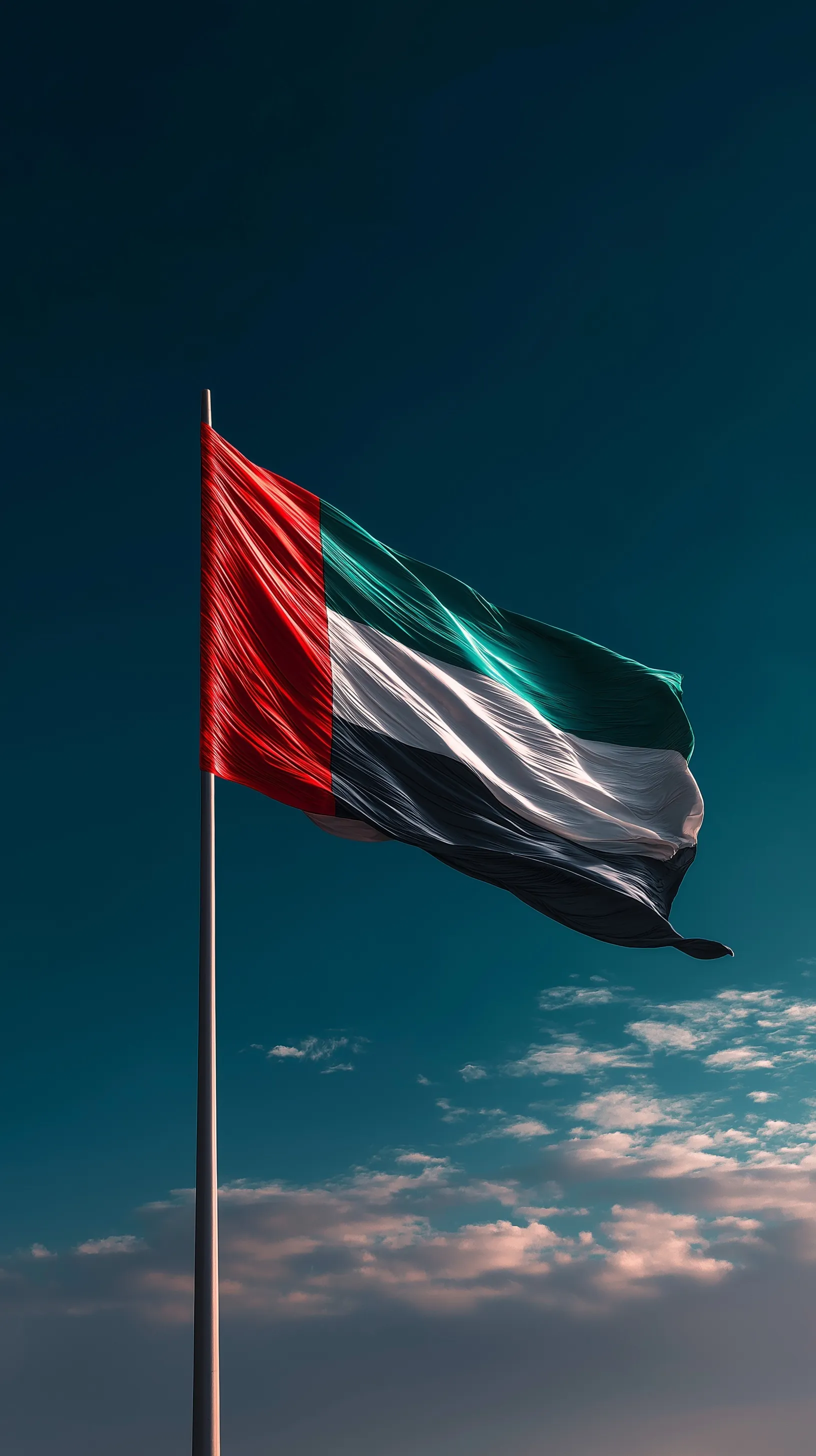 A bright, realistic UAE flag waving against a clear blue sky, perfect for high-quality mobile wallpaper.
