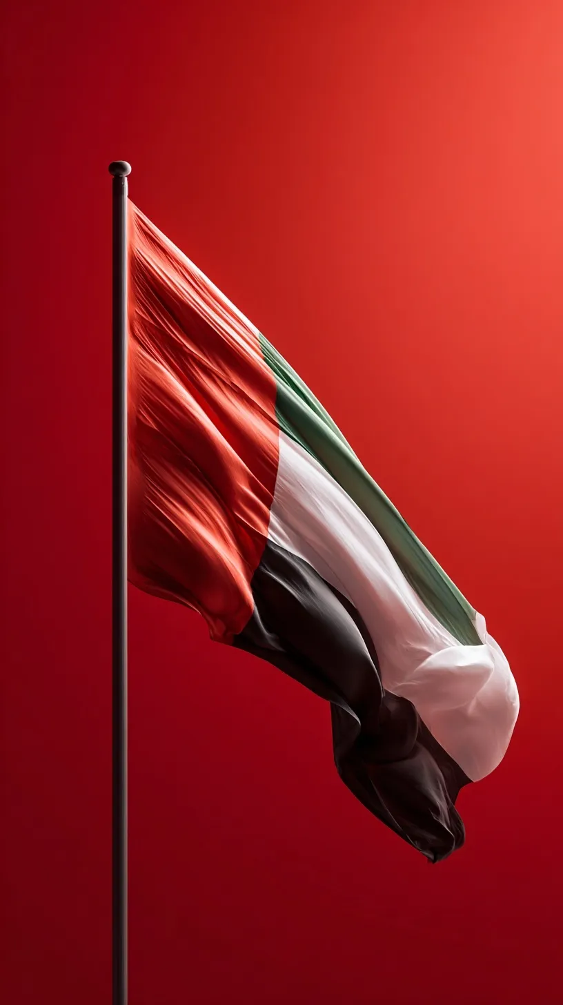 A high-quality 4K mobile wallpaper featuring a vibrant UAE flag waving against a bold red background.